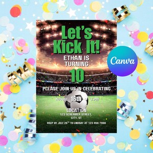 Invitación de fútbol, invitación de cumpleaños de fútbol, invitación a fiesta deportiva, invitación de "Let's Kick It", enlace de plantilla de Canva, descarga digital, aficionado al fútbol