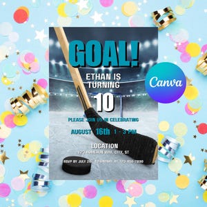 Hockey-Einladung, Hockey-Geburtstags-Einladung, Sport-Party einladen, Hockey-Tor einladen, Canva Template Link, digitaler Download, Hockey-Fan