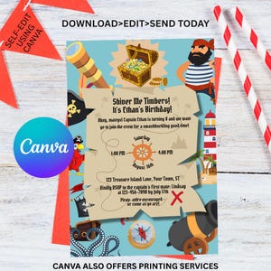Invitación de cumpleaños pirata / Plantilla Canva para fiesta de búsqueda del tesoro / Invitación infantil editable / Ahoy Matey / Shiver Me Timbers / Descarga digital