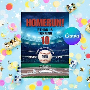 Convite de beisebol, convite de aniversário de beisebol, convite para festa esportiva, convite para home run, link para modelo do Canva, download digital, fã de beisebol
