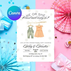 Gender Reveal Einladung | Er oder Sie, was wird es sein | Canva Vorlage Link | Bearbeitbar Geschlecht offenbaren einladen | Baby-Dusche-Ankündigung
