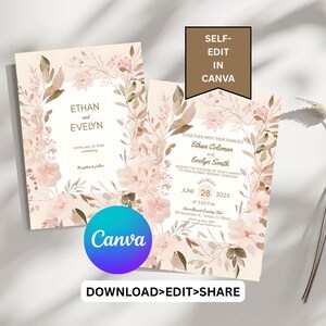 Shabby Chic Aquarell Hochzeitseinladung | Bearbeitbare Canva Vorlage | Minimales elegantes Blumenmuster | Personalisierbar | Sofort Download