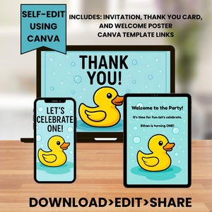 Paquete de fiesta de cumpleaños de patito de goma / Burbujas / Plantillas de Canva / Invitación, cartel de bienvenida y tarjeta de agradecimiento / Conjunto editable e imprimible