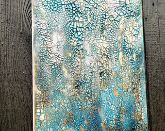 12 x 16 Inch Abstract Texture Painting By Amy Neal, Acrylic Ink Watercolor Canvas Wall Art, Crackle Art, Small Textured Art, Gold Teal Art