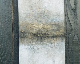 Original Abstract Texture Painting By Amy Neal, Gray Brown White Gold Crackle 10 x 20 Painting Ready To Hang, LandacapeArt