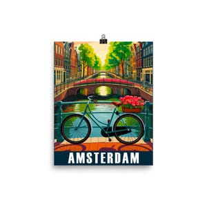 Amsterdam Bicycle & Canal View – 8x10 Art Print, Colorful Tulip Basket Bike Poster, European Travel Wall Decor