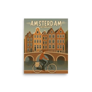 Amsterdam Netherlands Vintage Bicycle Travel Poster – 8x10 Wall Art Print