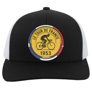 May include: Black trucker hat with a white mesh back and a circular patch featuring a cyclist and the text "LE TOUR DE FRANCE 1953". The patch has a yellow background with red, white, and blue accents.