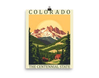 Póster de Colorado (8 x 10 pulgadas) / Arte mural del estado del centenario / Impresión de viaje retro / Decoración de las montañas de Colorado / Ilustración de paisaje vintage
