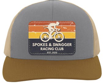 Retro Cycling Patch Hat – Spokes & Swagger Racing Club – Vintage Bike Cap for Cyclists, Mountain Biking, Road Riding Gift