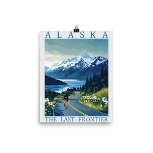 Alaska The Last Frontier Cycling Art Print – 8x10 Vintage-Style Bicycle Poster, Scenic Mountain and Lake Wall Decor