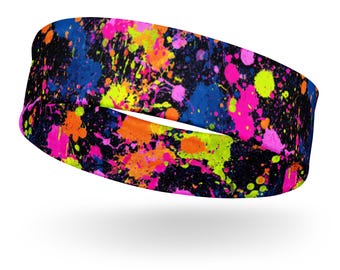 Retro Black & Neon Paint Splatter Headband – Soft, Stretchy, Moisture-Wicking,  Activewear Hair Band for Workouts, Yoga, and Festivals