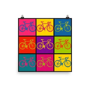 May include: A pop art style poster featuring nine colorful bicycle illustrations. Each bicycle is a different color, set against a vibrant square background. The color palette includes blue, red, yellow, green, pink, and purple.