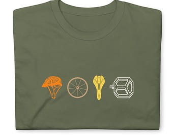 Bike Parts T-Shirt – Helmet, Wheel, Saddle, Pedal Graphic Tee – Cycling-Inspired Shirt for MTB, Commuters, and Bike Lovers