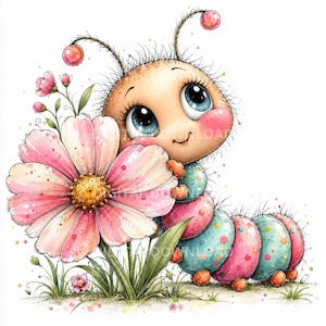 Puede incluir: Una ilustración en acuarela de una oruga linda con grandes ojos azules y mejillas rosadas, sosteniendo una flor grande de color rosa y blanco. La oruga tiene un cuerpo segmentado en tonos azul verdoso y rosa con puntos y antenas finas.