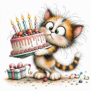 May include: A fluffy calico kitten with large green eyes holds a round birthday cake topped with five lit candles, strawberries, and blueberries. A light blue gift box with a pink ribbon sits on the floor next to scattered colorful sprinkles.
