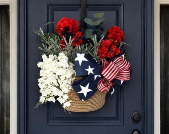 Patriotic Door Wreath Summer Front Hanger Red White Blue Flowers Funeral Basket Veterans Cemetery Memorial Tribute Loved One Arrangement 4th