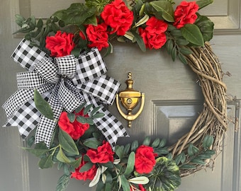 Red Geranium Grapevine Wreath- Farmhouse Door Decor- Memorial Gravesite Rememberance