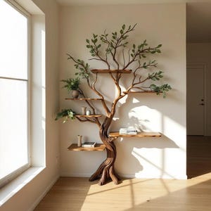 Könnte beinhalten: Ein baumförmiges Holzregal mit mehreren Holzregalen und künstlichen grünen Blättern. Die Regale beherbergen kleine Pflanzen, Bücher und dekorative Gegenstände. Das Regal ist an einer weißen Wand montiert, mit einem Fenster links.