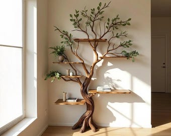 Driftwood branch bookshelf tree floating shelf solid wood bookcase home decor for living room