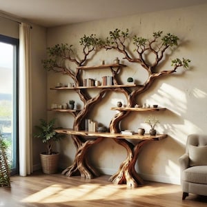 Op de afbeelding: Een unieke, boomvormige boekenplank en bureau combinatie gemaakt van natuurlijk hout. Het ontwerp bevat takken en planken om boeken en decoratieve items op te bergen. De top van de boom heeft groene bladeren, wat een vleugje natuur aan het interieur toevoegt.