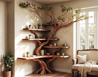 Tree branch corner bookshelf solid wood wall mounted floating shelf art driftwood carving bookcase decoration