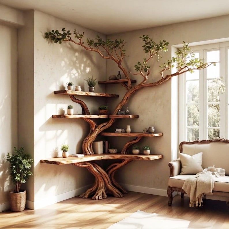Tree Branch Corner Bookshelf Solid Wood Wall Mounted Floating Shelf Art ...