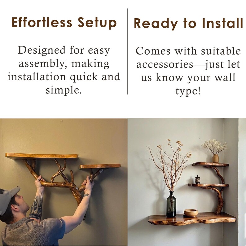 May include: A wooden shelf with two tiers, made from natural branches, is mounted on a wall. The shelf is designed for easy assembly and comes with suitable accessories for installation.