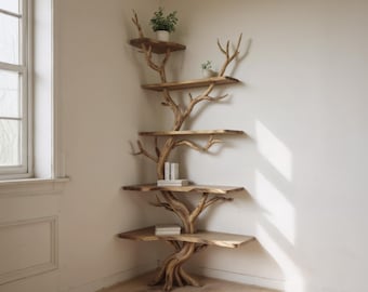 木の枝の本棚の装飾彫刻フローティング本棚壁マウント無垢材流木の枝棚