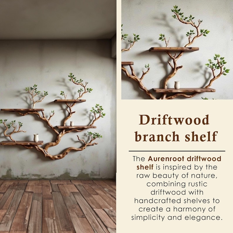 May include: A driftwood branch shelf featuring several wooden shelves fixed to a natural branch design. The shelves are decorated with small green leaf details and are mounted on a light grey wall.