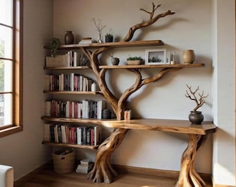 Tree branch bookcase solid wood carving art floor bookshelf wall mounted home decoration