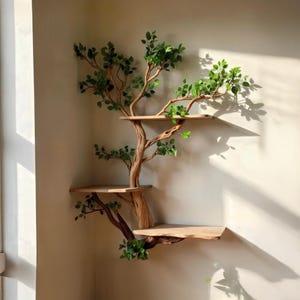 Op de afbeelding: Een uniek, houten boomvormig wandrek met drie niveaus. De planken zijn gemaakt van lichtgekleurd hout en worden ondersteund door een gebeeldhouwde boomstam en takken. Groene, bladerrijke takken zijn aan de boom bevestigd en geven een natuurlijk tintje.
