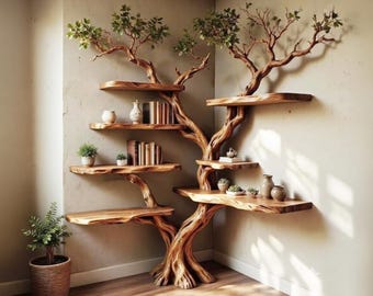 May include: A corner shelving unit shaped like a tree with a textured brown trunk and branches extending into multiple horizontal wooden shelves. The shelves hold various books, small potted plants, and ceramic vases against a plain wall.