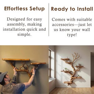 May include: Wooden tree-branch-shaped shelves, designed for easy assembly. The shelves are made of light-colored wood and are mounted on a wall. The image also includes text that says "Effortless Setup" and "Ready to Install".