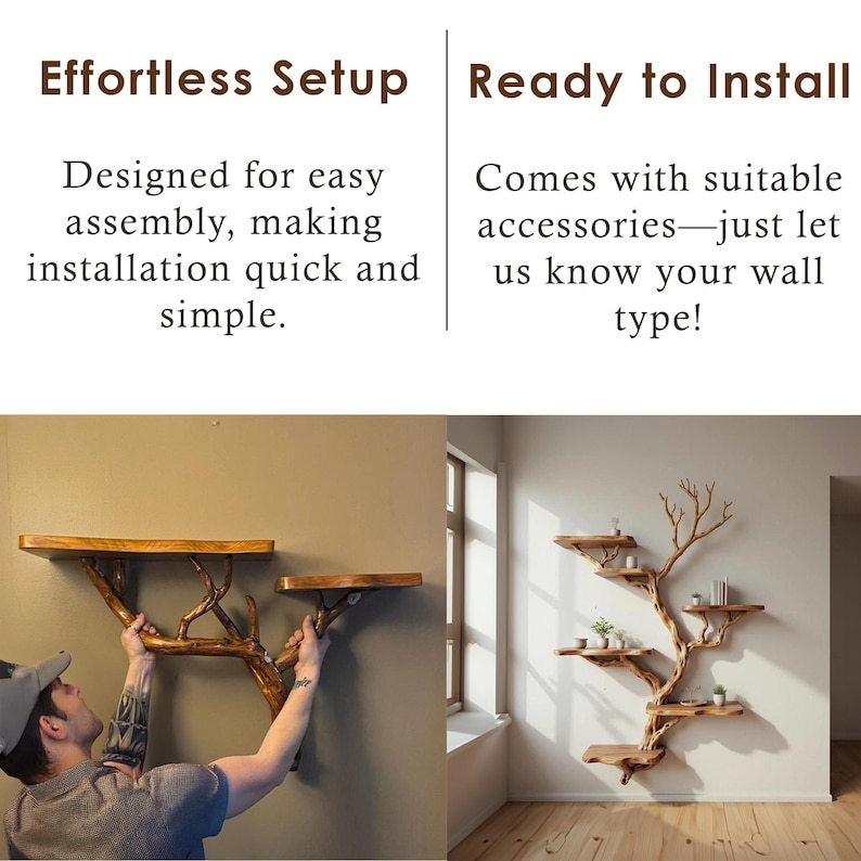 May include: Wooden tree-branch-shaped shelves, designed for easy assembly. The shelves are made of light-colored wood and are mounted on a wall. The image also includes text that says "Effortless Setup" and "Ready to Install".