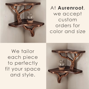 May include: Two wooden corner shelves with a tree branch design. The shelves are made of dark wood and have a natural, rustic look. The shelves are perfect for displaying small items or plants.