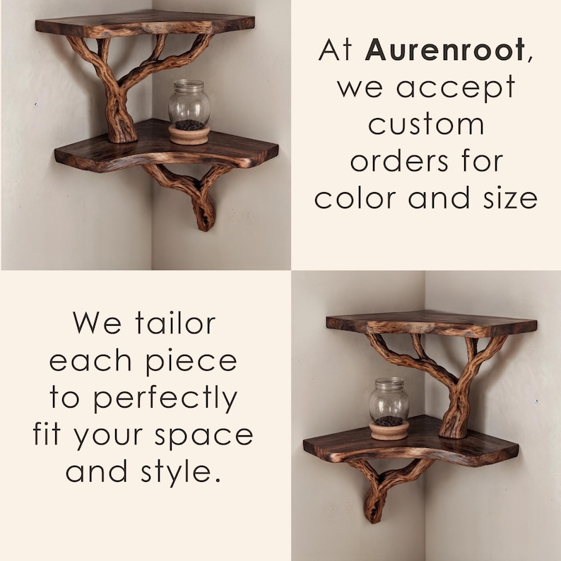 May include: Two wooden corner shelves with a tree branch design. The shelves are made of dark wood and have a natural, rustic look. The shelves are perfect for displaying small items or plants.