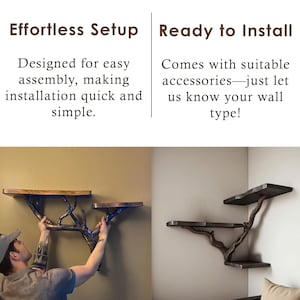 May include: A wooden shelf unit with a branch-like design. The shelf is mounted on a wall and has three shelves. The shelf is made of dark wood and has a natural finish. The shelf is easy to assemble and comes with all the necessary hardware.  Effortless Setup. Ready to Install.