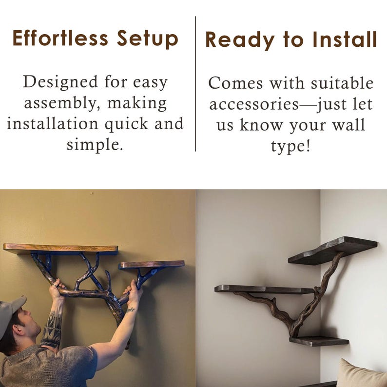 May include: A wooden shelf unit with a branch-like design. The shelf is mounted on a wall and has three shelves. The shelf is made of dark wood and has a natural finish. The shelf is easy to assemble and comes with all the necessary hardware.  Effortless Setup. Ready to Install.