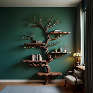Könnte beinhalten: Ein einzigartiges Bücherregal in Form eines Baumes aus Holz mit mehreren Regalen, die Ästen ähneln, vor einer dunkelgrünen Wand. Die Regale beherbergen Bücher und kleine Pflanzen. Das Design hat eine natürliche, organische Ästhetik.