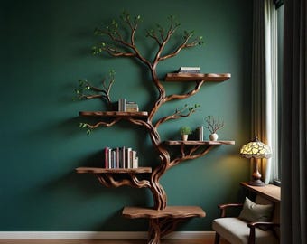 May include: A unique, wooden tree bookshelf with multiple shelves, resembling branches, against a dark green wall. The shelves hold books and small plants. The design incorporates a natural, organic aesthetic, perfect for a living room or study.