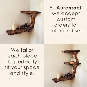 May include: Two wooden corner shelves with a tree branch design. The shelves are made of natural wood and have a rustic look. The shelves are perfect for displaying decorative items or plants.  At Aurenroot, we accept custom orders for color and size. We tailor each piece to perfectly fit your space and style.