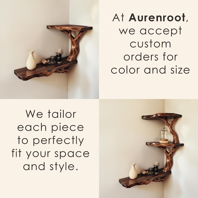 May include: Two wooden corner shelves with a tree branch design. The shelves are made of natural wood and have a rustic look. The shelves are perfect for displaying decorative items or plants.  At Aurenroot, we accept custom orders for color and size. We tailor each piece to perfectly fit your space and style.
