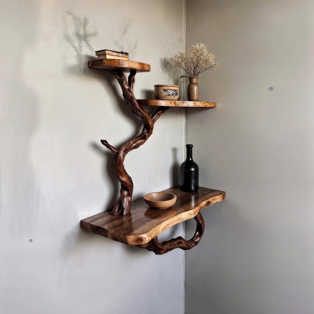 Floating Book Shelf Wood Corner Tree Branch Shelves Wall Mount Unique ...