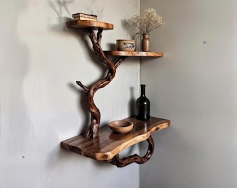 Floating book shelf wood corner tree branch shelves wall mount unique bookshelf decor driftwood art decor for home