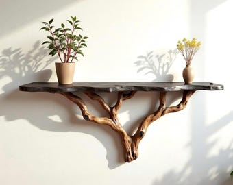 Floating wood tree shelf natural bookshelf solid wood rustic furniture wall mount tree branch shelving handmade furniture decorative