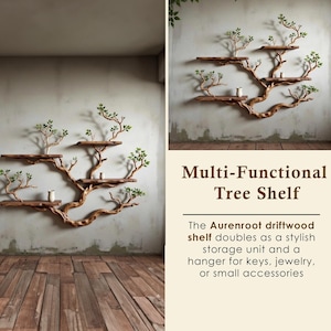 May include: A driftwood tree shelf with multiple wooden shelves and branches adorned with green leaves. The shelf is designed to resemble a tree and can be used for storage or display. The text reads: Multi-Functional Tree Shelf.