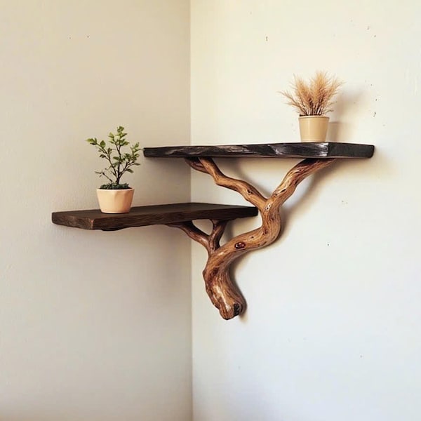 Floating bookshelf live edge floating corner shelves driftwood branch black wall shelf gift for the home