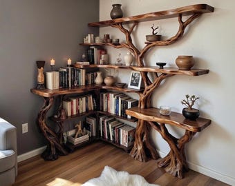 Tree coner book shelf solid wood wall mount bookcase live edge furniture driftwood branch art