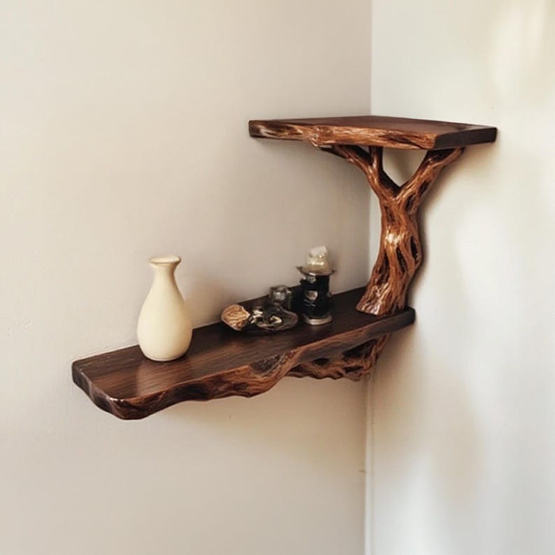 May include: A wooden corner shelf shaped like a tree with two shelves. The top shelf is empty and the bottom shelf has a white vase and a few small objects on it.